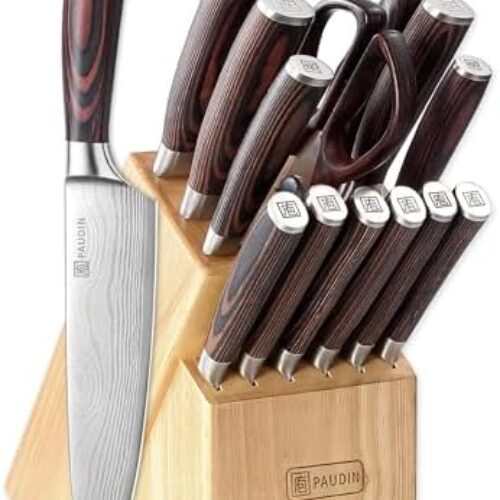 PAUDIN Knife Set with Block, 14 Pieces Knife Block Set, Sharp High Carbon Stainless Steel Knife Block with Knives, Pakkawood Handle Kitchen Knife Sets with Block Full Tang Design with Gift Box  Amazon.co.uk Home & Kitchen