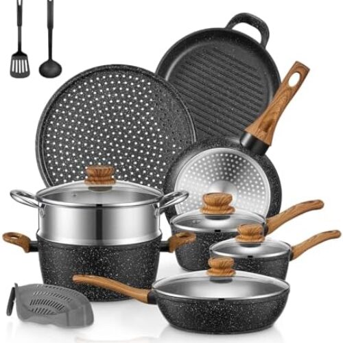 FOHERE Pots and Pans Set with Lids 15 PCS, Aluminum Nonstick Induction Cookware Sets,with Frying Pans, Saucepans, Stock Pot, Pizza Pan, Griddle Pan, and Food Steamer, Silicone Food Strainer, Black  Amazon.co.uk Home & Kitchen